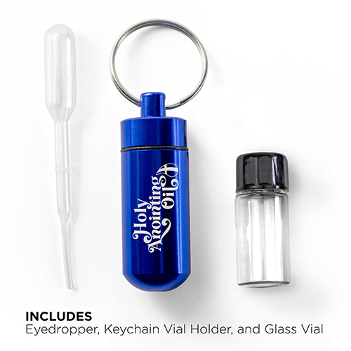 Oil Vial Keyring showing keyring vial holder, vial and eyedropper with descriptive text