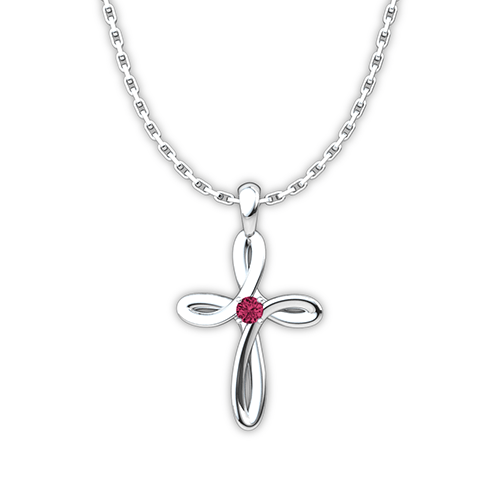 July Ruby Birthstone Swirl Cross Sterling Silver Necklace - With 18" Sterling Silver Chain