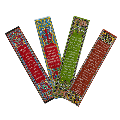 Mighty Man of God, Themed Assortment of 4 Woven Fabric Bible Verse Bookmarks, Silky Soft & Flexible Religious Bookmarkers for Novels Books & Bibles, Woven Design, Memory Verse Gift