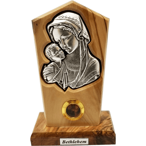Virgin Mother Mary and Child Silver Plated Icon Olive Wood Stand - Medium