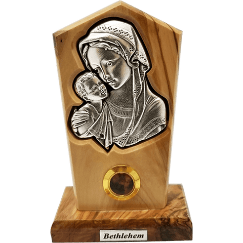Virgin Mother Mary and Child Silver Plated Icon Olive Wood Stand - Medium