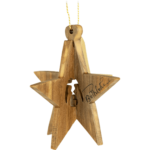 Holy family star nativity 3-dimensional olive wood ornament from Israel