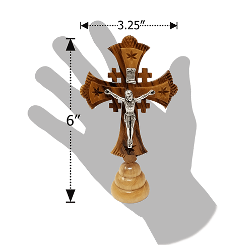 Olive Wood Jerusalem Cross Crucifix on Stand - Large