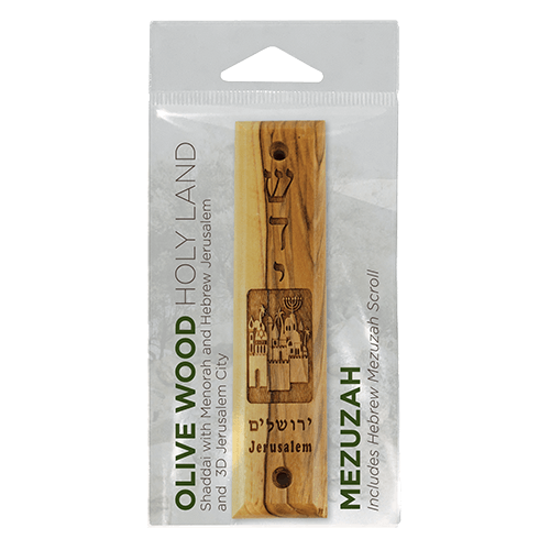 Shaddai & Jerusalem City Olive Wood Mezuzah with Scroll