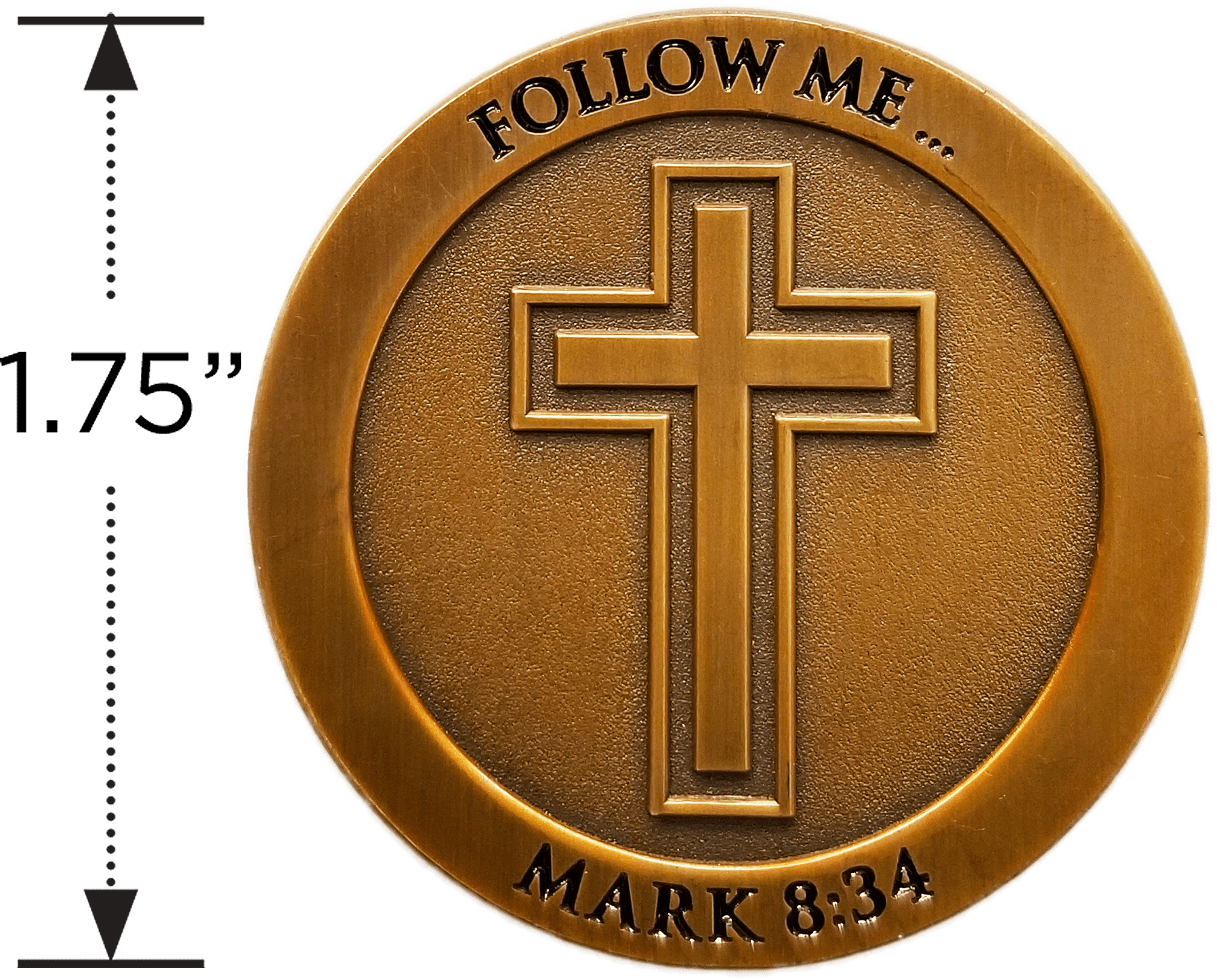 Follow Me Antique Gold Plated Christian Challenge Coin measured to show size diameter