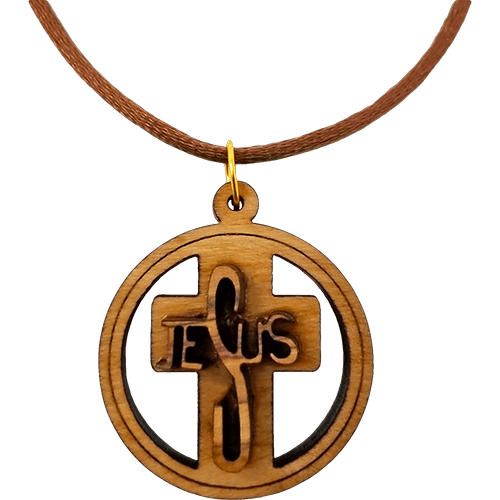 Olive Wood 3D Jesus Cross Round Necklace