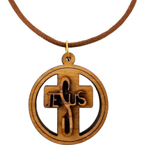 Olive Wood 3D Jesus Cross Round Necklace