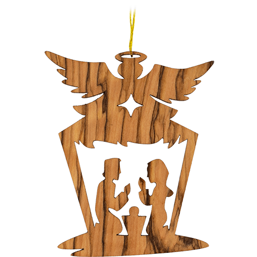 front view of 2D angel wings holy family nativity scene Christmas hanging ornament