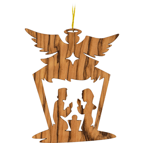 front view of 2D angel wings holy family nativity scene Christmas hanging ornament