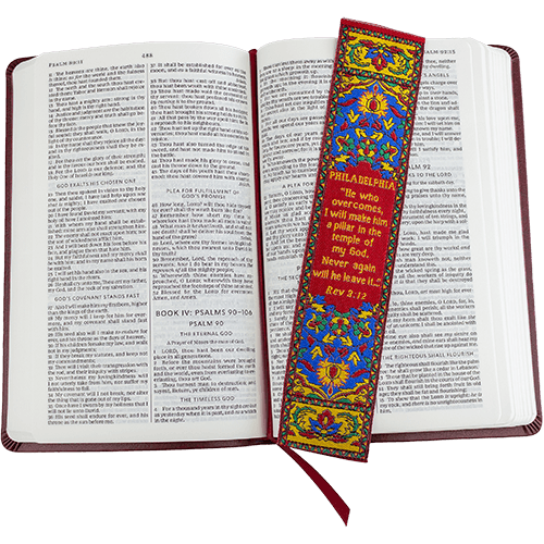 Woven Fabric Christian Bookmark: Philadelphia - Promises Of The Seven Churches Of Revelations - Revelations 3:12