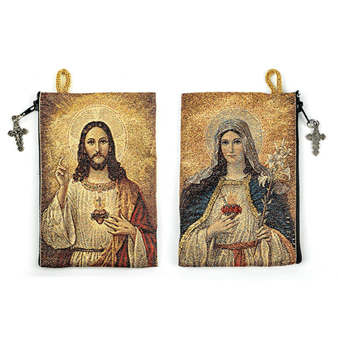 Woven Tapestry Rosary Pouch, Jewelry & Coin Purse - Sacred Heart of Jesus & Immaculate Heart of Mary