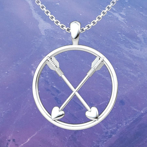 Crossed Paths Friendship Sterling Silver Pendant with a purple marble background