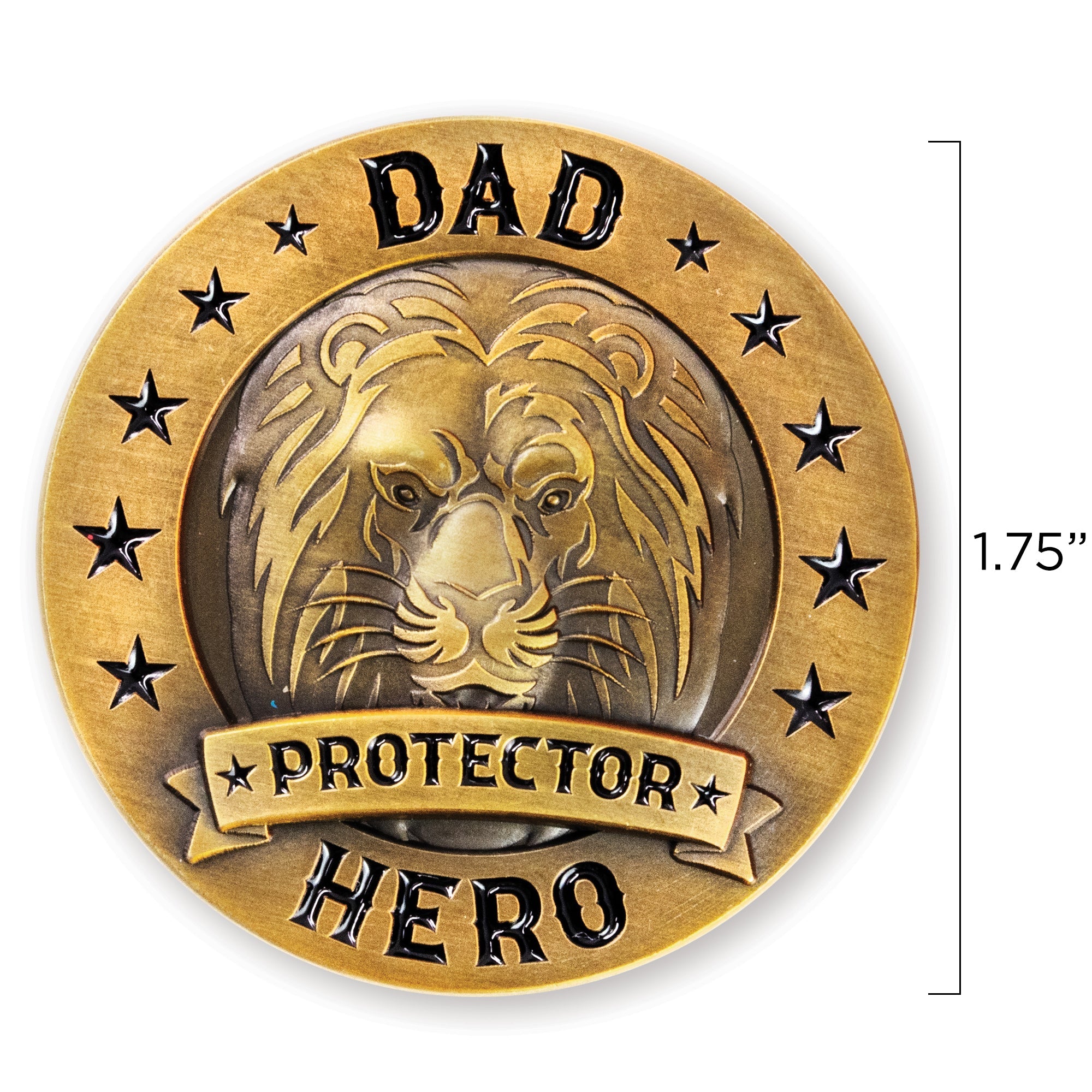 View of the front of the Father's day challenge coin displaying the 1.75" diameter