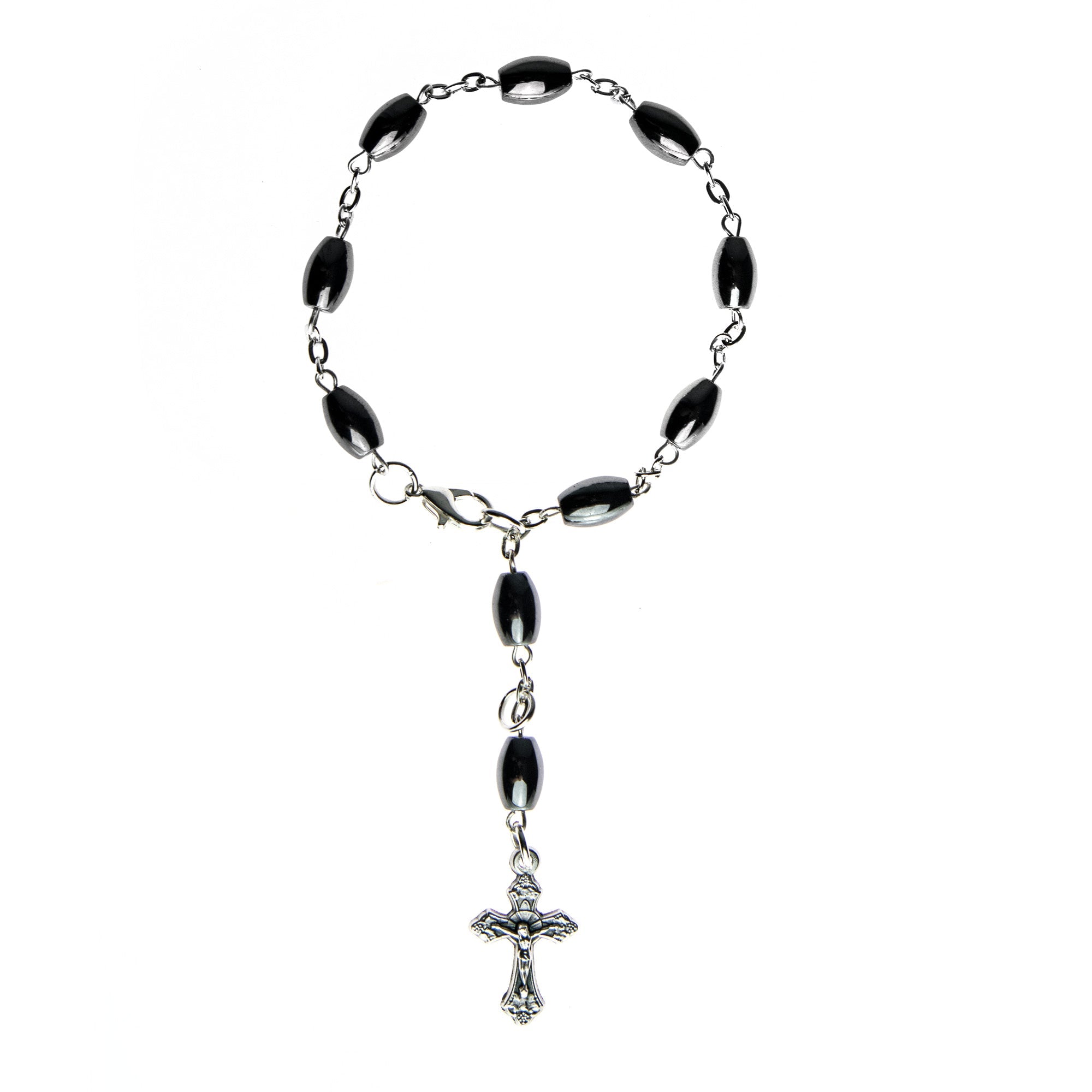 One Decade Hematite Catholic Rosary Charm Bracelet with Crucifix Cross Pendant Charm