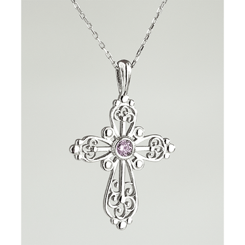 Sterling Silver Filigree Birthstone Cross Necklace - June