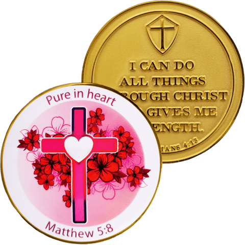 Front and back of Ladies Purity Coin Gold Plated Christian Challenge Coin