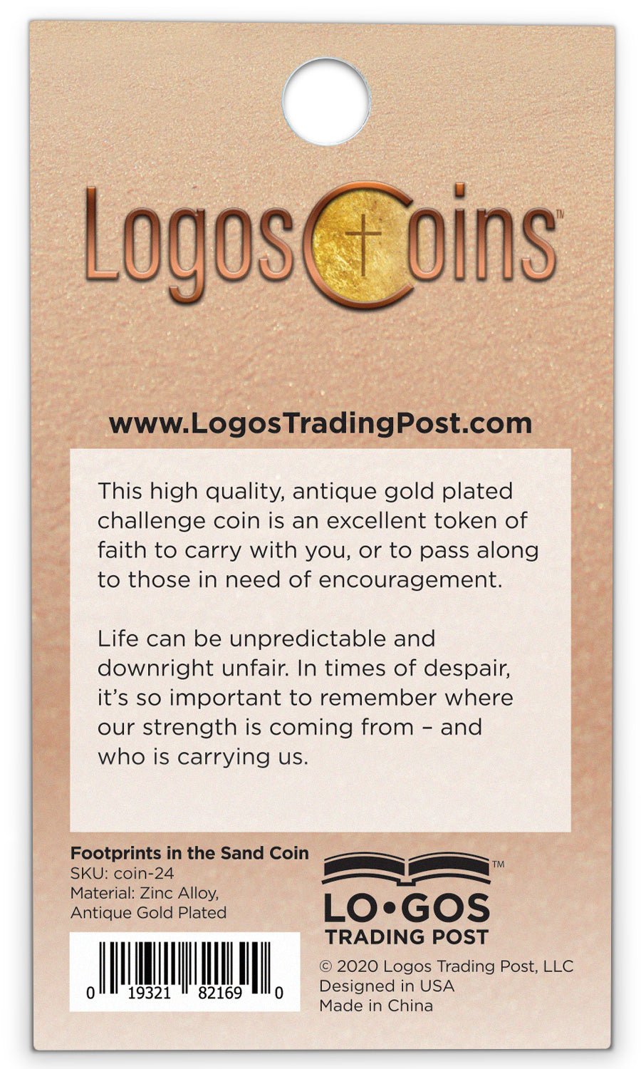 back of Footprints in the Sand Antique Gold Plated Challenge Coin packaging