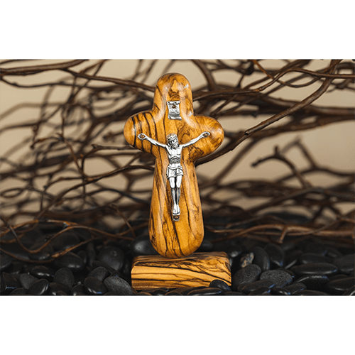 Olive Wood Comfort Cross with Crucifix & Tabletop Stand, Pocket Prayer Token from Israel