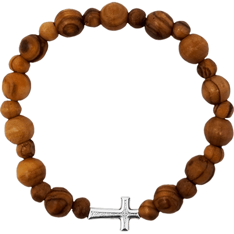 Olive Wood Stretch Bracelet, Beads and Inlet Cross