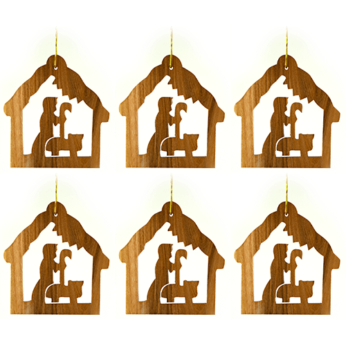 Nativity & Shepherd, Bulk Pack of 6 Holy Land Olive Wood Christmas Ornaments from Israel, Wooden Hanging Decorations for Christmas Tree, Made in Bethlehem