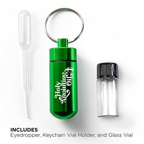 Oil Vial Keyring showing keyring vial holder, vial and eyedropper with descriptive text