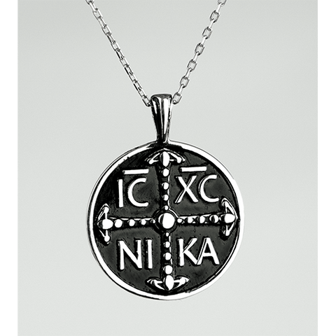 IC XC NIKA Round Pendant, Sterling Silver Necklace and 18 Inch Chain