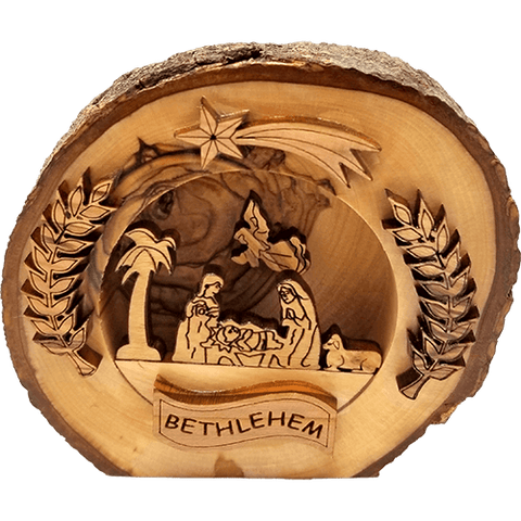 Holy Land Olive Wood Round Nativity with Bark