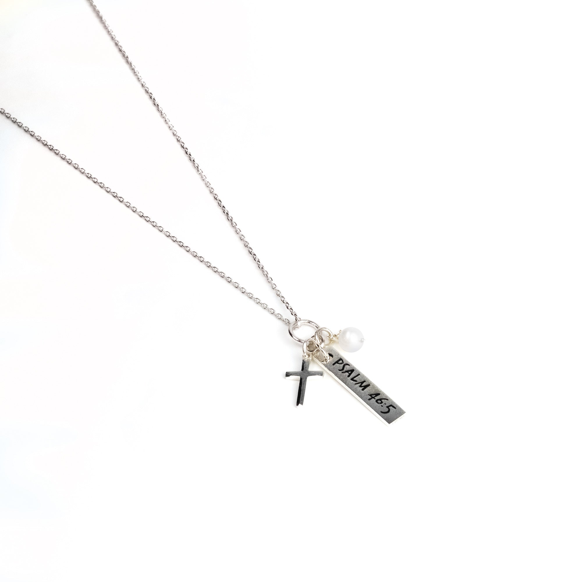 She Will Not Fall, Sterling Silver Scripture Cross Necklace