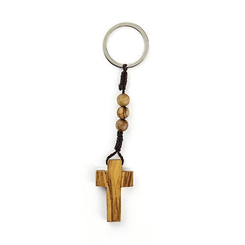 Rope Rosary Keychain with Olive Wood Cross & Beads