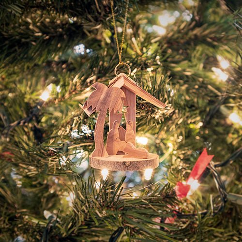 Live Edge 3D Nativity Grotto, Holy Land Olive Wood Ornament