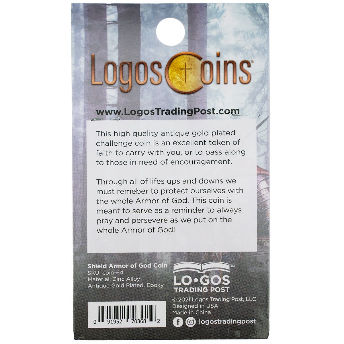Back of packaged Armor of God Shield Challenge Coin