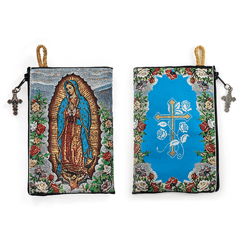 Woven Tapestry Rosary Pouch, Jewelry & Coin Purse - Our Lady of Guadalupe & Cross with Flowers