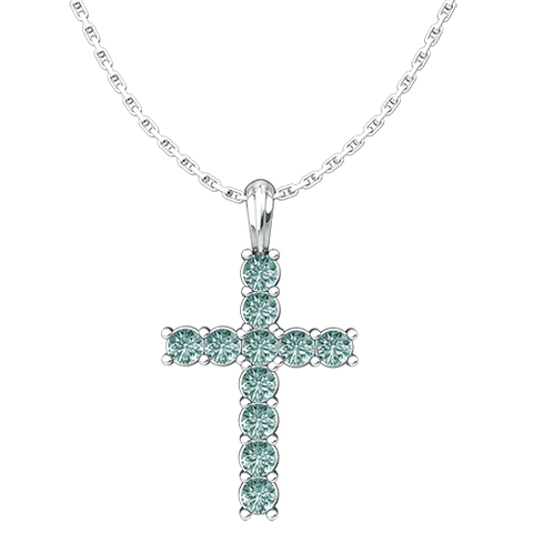 March Aquamarine Antique Birthstone Cross Pendant - With 18" Sterling Silver Chain