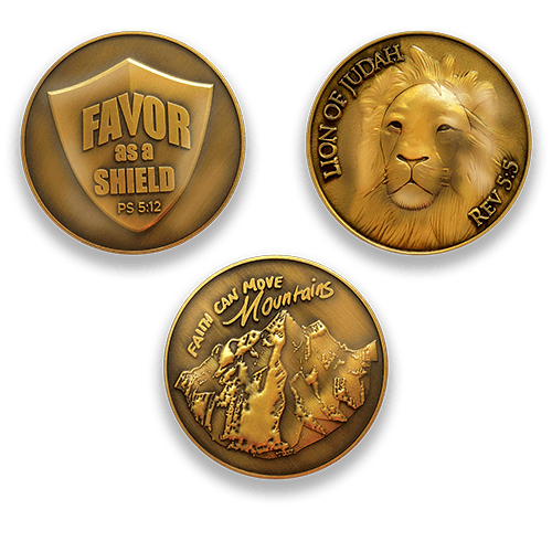 Front of coins in Value Variety Pack of 3 Antique Gold Plated Christian Challenge Coins - Assortment 5