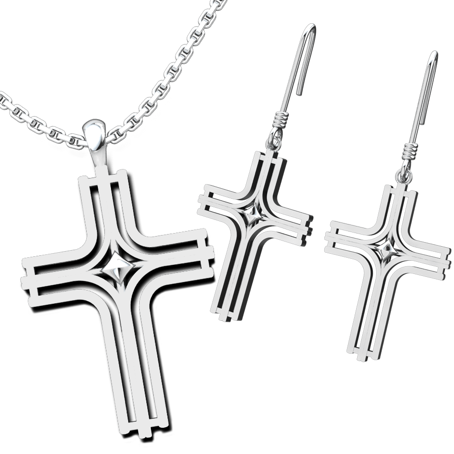 Radiant Cross Set: Sterling Silver Pendant and Earrings
