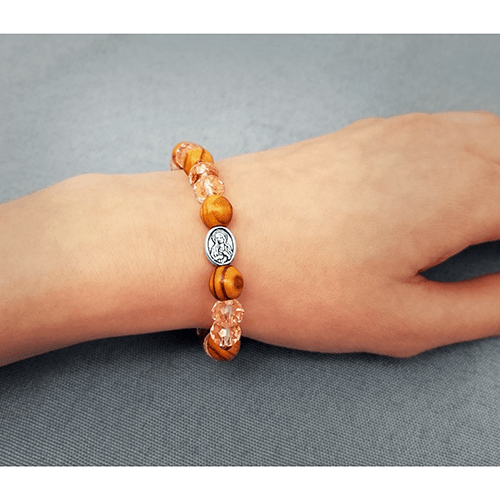 Olive Wood Stretch Bracelet, Pink Beads and Jerusalem Cross, Virgin Mary