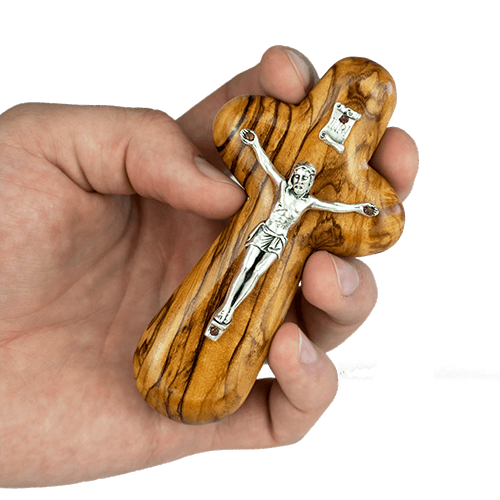 Olive Wood Comfort Cross with Crucifix, Pocket Prayer Token from Israel