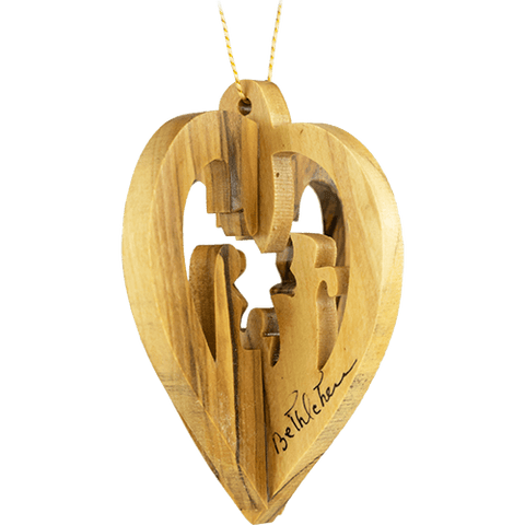 Holy family heart nativity 3-dimensional olive wood ornament from Israel