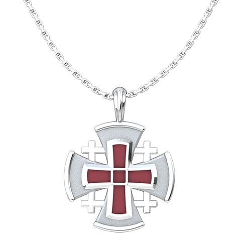 Jerusalem Cross with Red Enamel Pendant with 18" Sterling Silver Chain