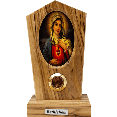 Virgin Mary Immaculate Heart Olive Wood Plaque from Israel, Full Color Center Portrait, Traditional Devotional Prayer Icon