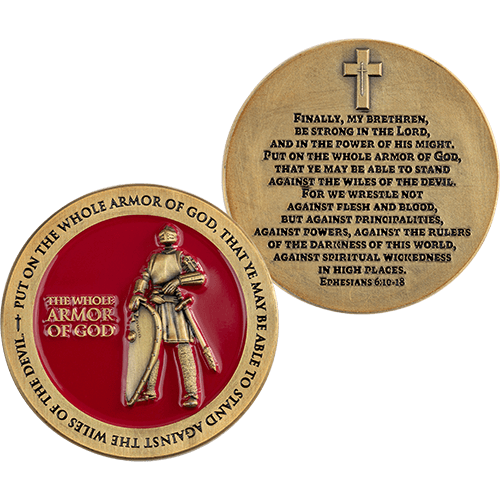 Front and back of Armor of God Antique Gold-Plated Religious Challenge Coin. Front has a knight and the back has ephesians 6:10-18