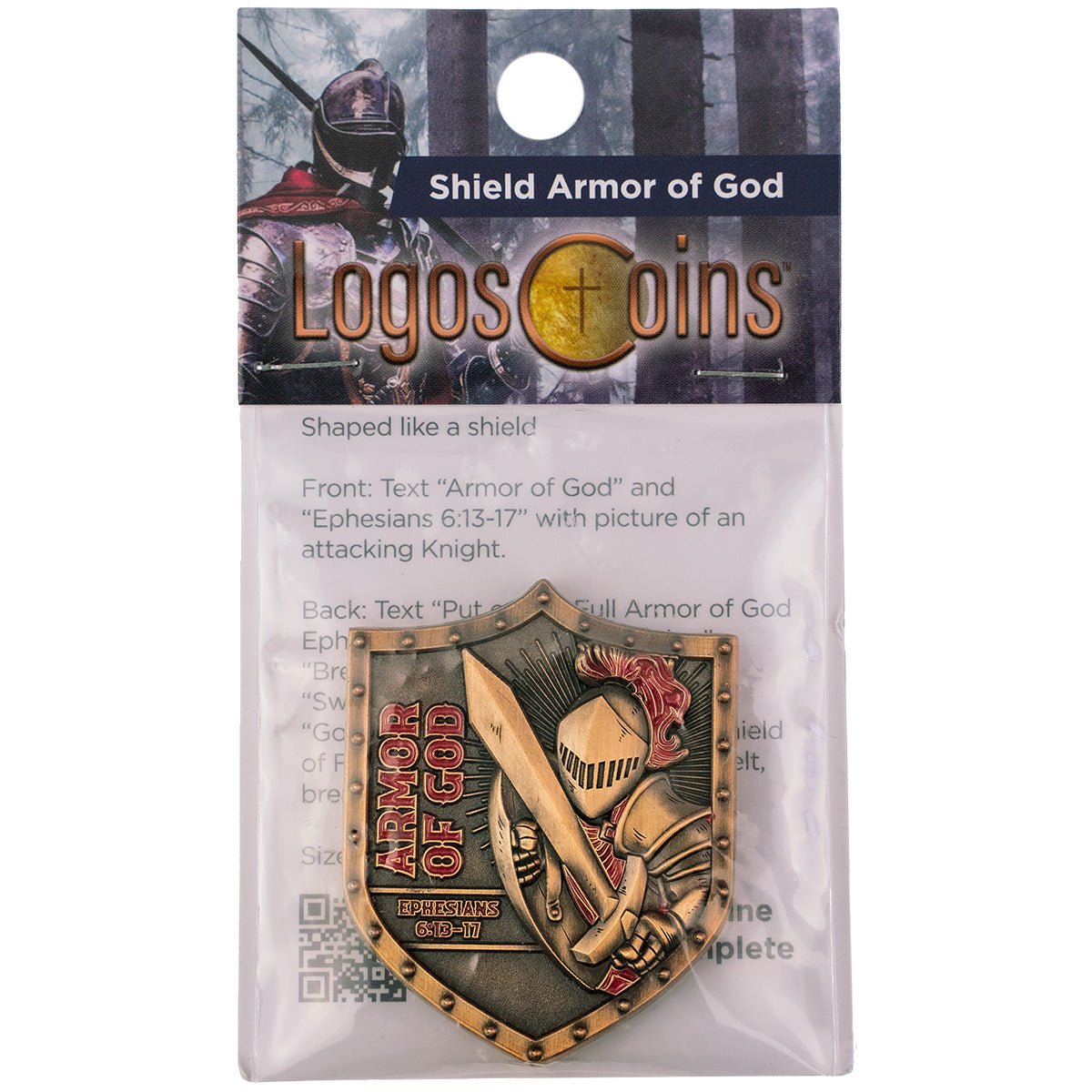 Front of packaged Armor of God Shield Challenge Coin
