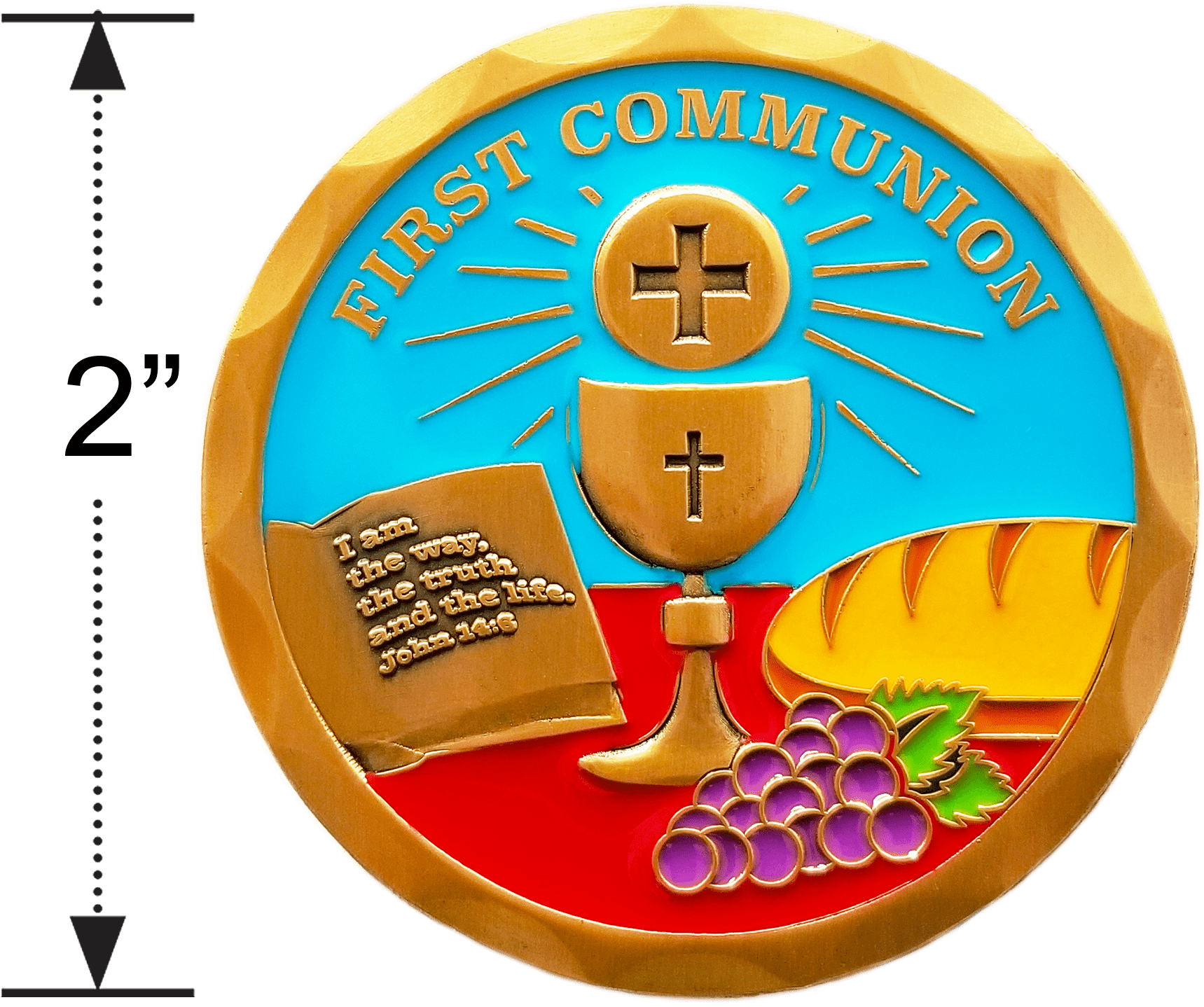 First Communion Gold Plated Christian Challenge Coin with size diameter measure