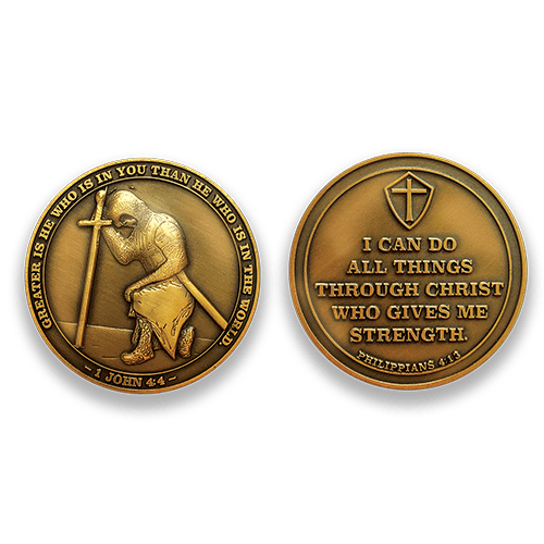 Task Ahead Coin:  Front: Kneeling templar knight, with text "Greater is he who is in you than he who is in the world." / "1 John 4:4"  Back: Cross in shield, with text "I can do all things through Christ who gives me strength. Philippians 4:13"