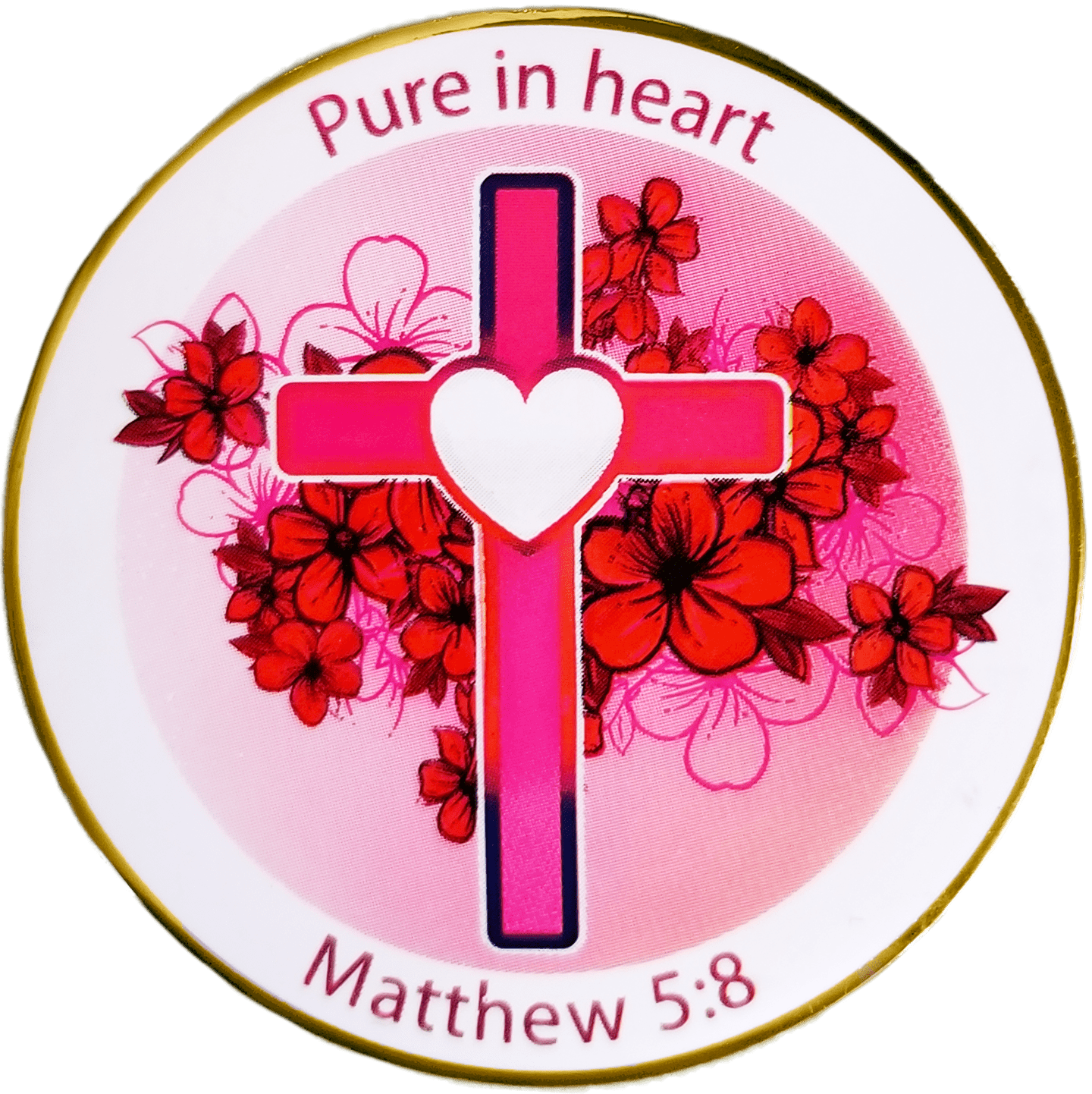Front: Pink Heart Cross and flowers, with text, " Pure in heart" / " Matthew 5:8"