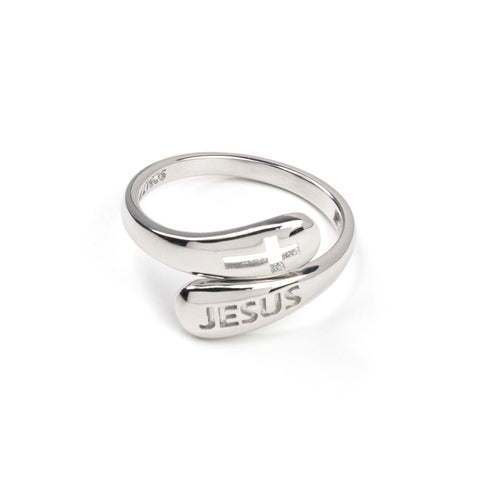 Sterling Silver Wrap Ring - Jesus and Cut Out Cross, One Size Fits Most