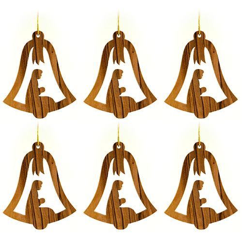 Nativity Bell, Bulk Pack of 6 Holy Land Olive Wood Christmas Ornaments from Israel, Wooden Hanging Decorations for Christmas Tree, Made in Bethlehem
