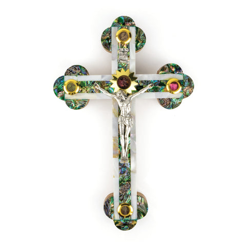 11" Mother of Pearl & Olive Wood Crucifix Wall Cross with Holy Land Elements