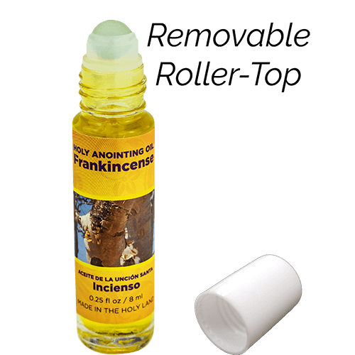 lid-off picture of frankincense holy oil demonstrating the removable roller top