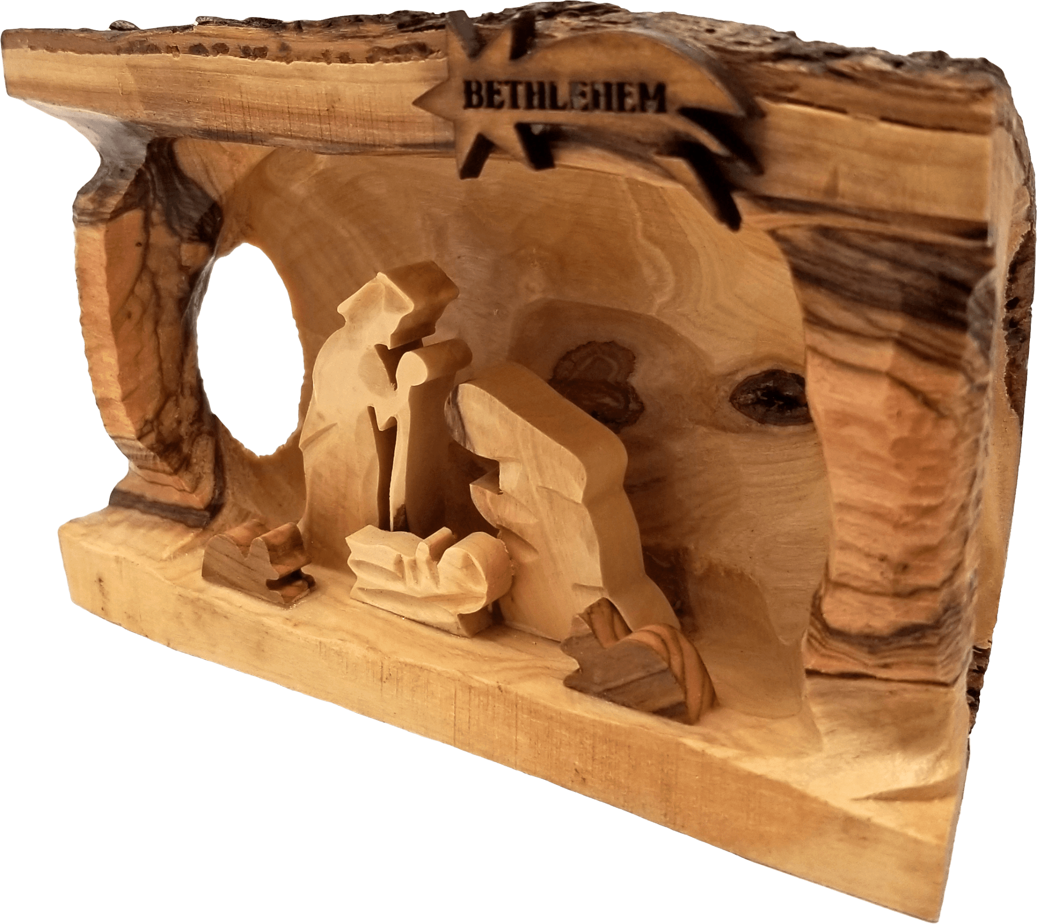 Nativity Grotto Log With Bark 3D Holy Land Olive Wood  - Large- Made in Bethlehem